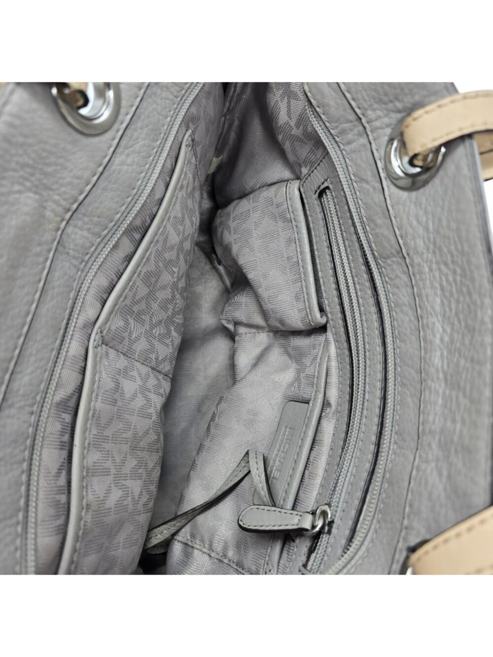 Michael Kors Pebbled Leather Shoulder Tote Bag Gray Taupe Silver Hardware Purse - Picture 10 of 16